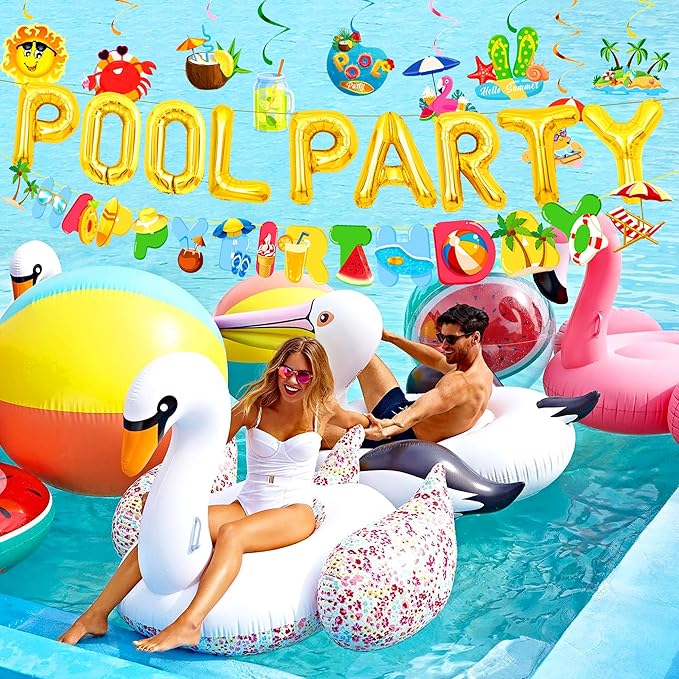 Summer Pool Beach Party Decoration, Pool Party Birthday Bash Party Decorations Tropical Balloons Banner for Kids Swimming Water Luau Tropical Hawaii Party Decoration Supplies