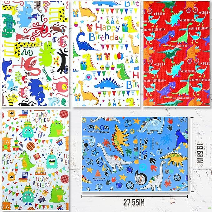 Kids Birthday Wrapping Paper for Boys & Girls - Dinosaur Animal Gift Wrap (6 Sheets 28"Lx20"W per Sheet)