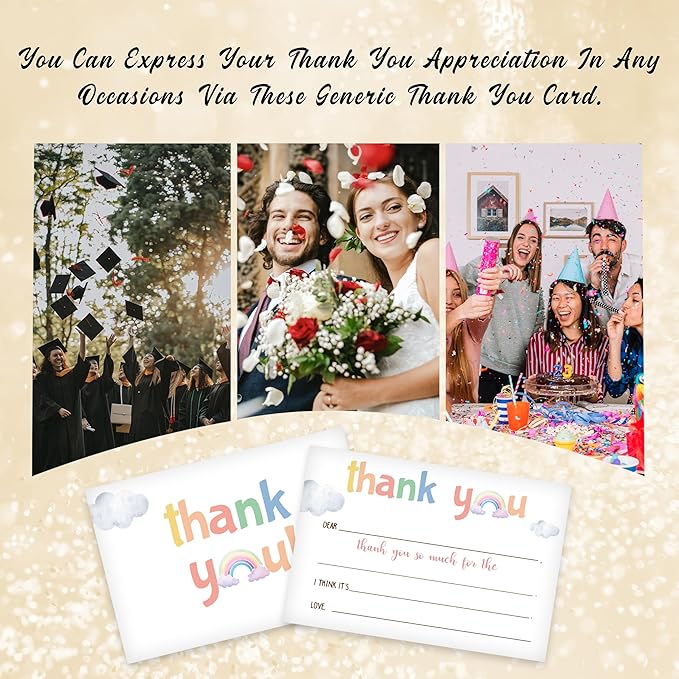 Kids Thank You Card, Rainbow Theme Thank You Notes, Watercolor Cloud Greeting Card With Envelope, Birthday Wedding Graduation Christmas Party Favors Supplies Decor(20 Pcs)-04