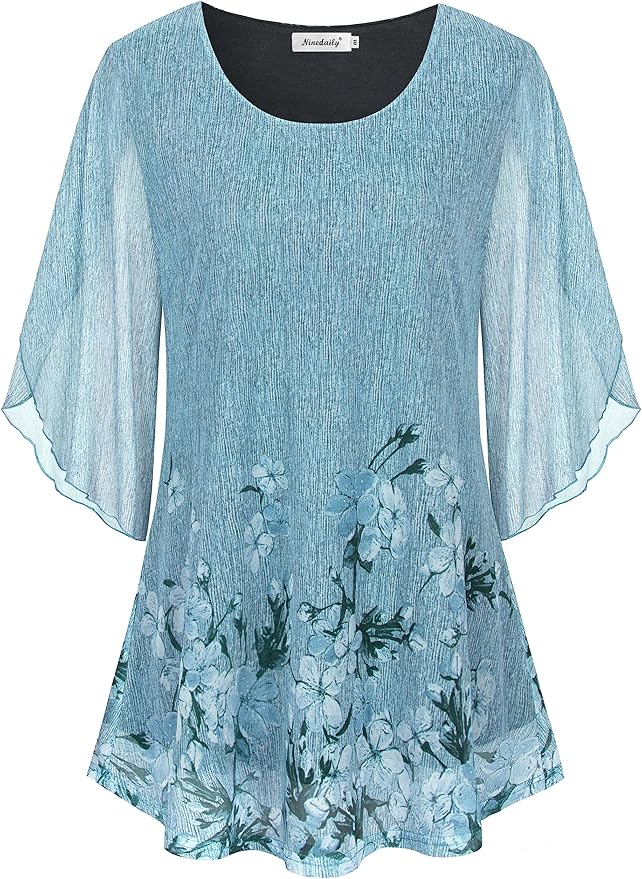Ninedaily Women's Tops 3/4 Sleeve Blouses Dressy Casual Double Layers Mesh Tunic Shirts