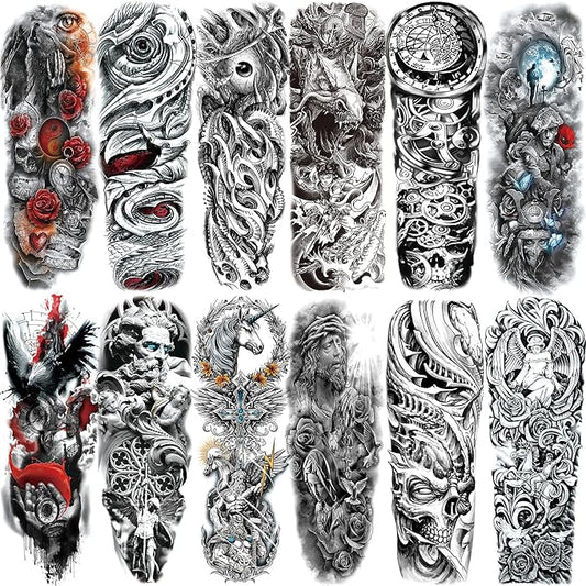 VERKSTAD 12 Sheets Large Full Arm Temporary Tattoos for Adults, Waterproof Realistic Flower Myth Angel Skull Fake Tattoos, Eagle Dragon Horse Tattoo Kits Hand Body Art for Parties Festivals Cosplay