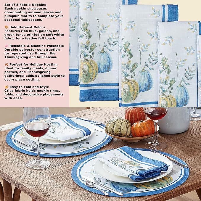 Home Bargains Plus Thanksgiving Contemporary Blue Pumpkin Fabric Napkins, Set of 8, Fall Harvest Easy Care Cloth Napkins