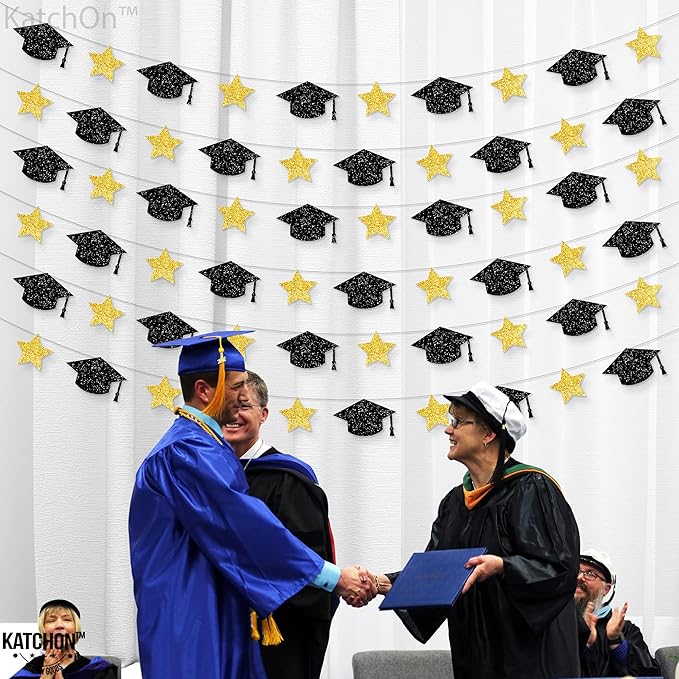 KatchOn, Graduation Cap Garland - 10 Feet, No DIY | Grad Garland Class of 2025, Black and Gold Grad Decorations 2025 | Grad Cap Decor for Graduation Decorations 2025