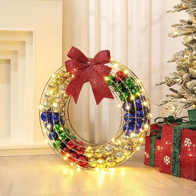 LuxenHome 24Inch Lighted Christmas Wreath, Christmas Outdoor Decorations, Large Wreath with Red Bow 188 LED Lights, Ornament Colorful Balls for Indoor, Lawn, Yard, Garden, Holiday Decor