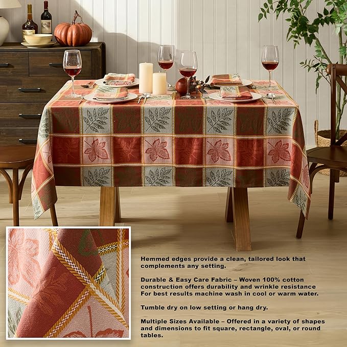 Newbridge Whispering Leaves Rust Orange and Green Plaid Thanksgiving Tablecloth, 52 x 52 Inch Square, Autumn Leaf Woven Fabric Table Cover, Fall Harvest Dining Decor