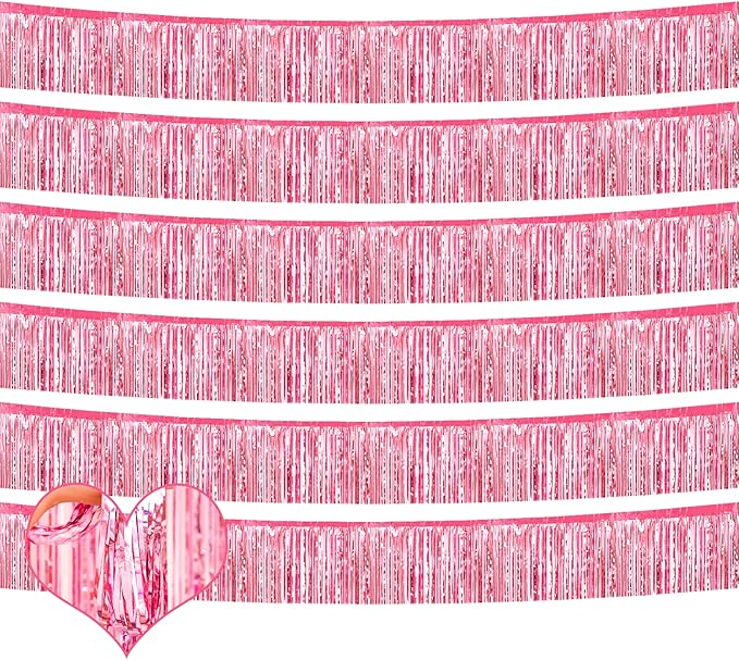6 Pack 10 Feet Foil Fringe Garland Metallic Tinsel Banner Wall Hanging Curtain Streamers Backdrop for Parade Floats Bachelorette Wedding Birthday Party Thanksgiving Christmas Decorations(Pink)