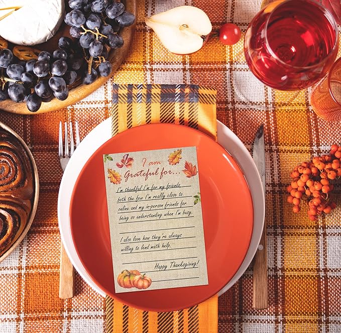 50 Pcs Thanksgiving Place Cards - Fill-in Gratitude Cards for Autumn Dinner, Fall Party, Wedding, Harvest Decor, I Am Thankful For, Fall Table Setting