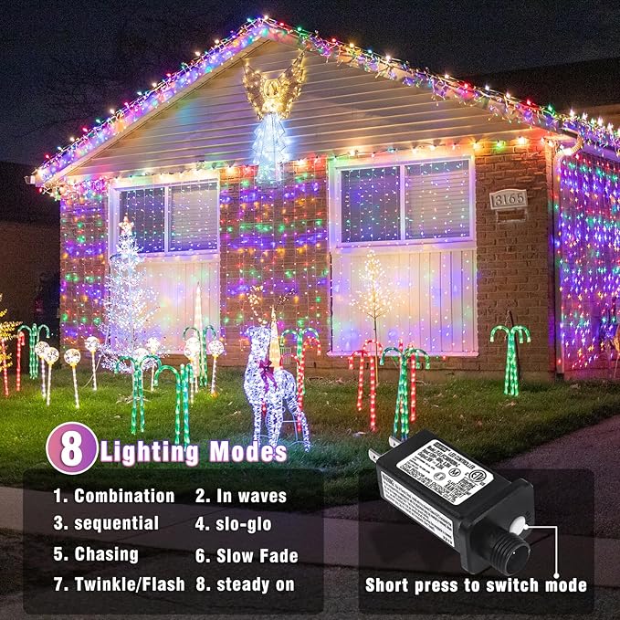 800 LED Christmas Lights Outdoor Indoor, String Lights for Outside with 8 Modes Waterproof, Plug in Twinkle Light Clear Wire for Home Xmas, Patio, House, Wedding Decorations, Multicolor