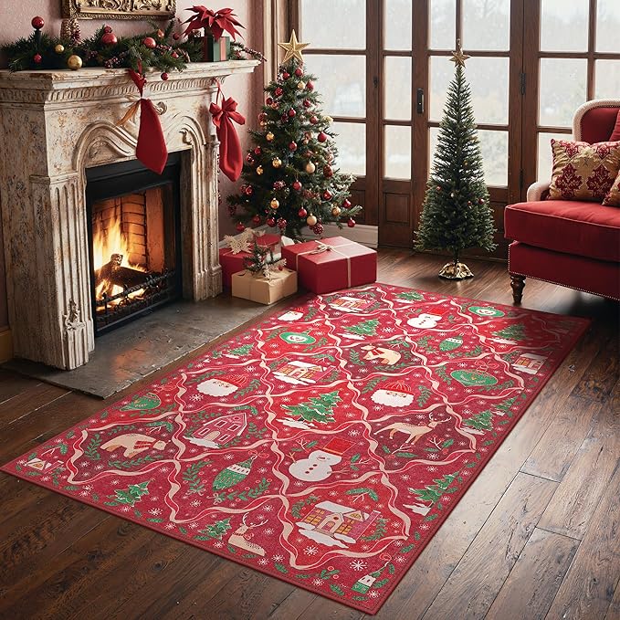 Christmas Area Rug 8x10 for Living Room, Washable Rug for Bedroom, Christmas Home Decor, Holiday Print Carpet, Low Pile Non Slip Mat with Rubber Backing, Red Christmas Tale Pattern