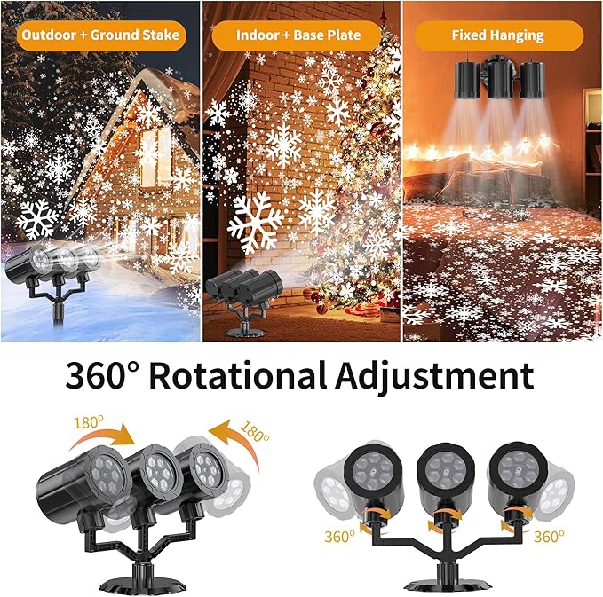 Christmas Projector Lights Outdoor, GUSODOR Upgraded Snowflake Projector, IP65 Waterproof 360°Rotating LED Projection Lights for Christmas Decorations Yard Patio Holiday Party Decor-Three-Head B