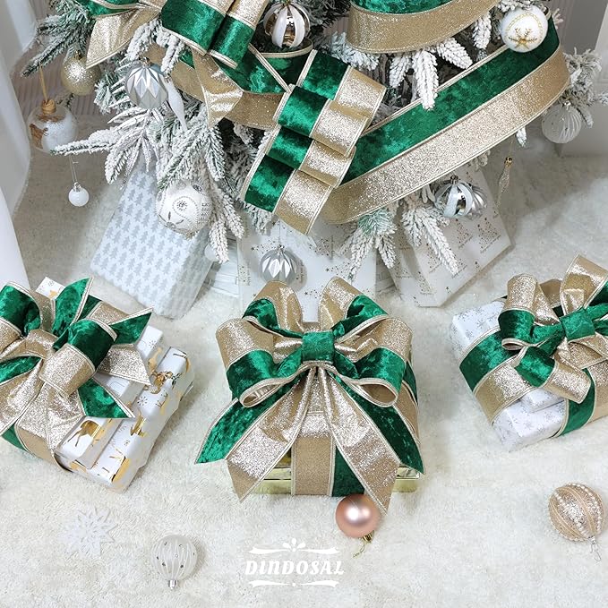 Dark Green Velvet Wired Christmas Ribbon 4 Inch Extra Wide Thick Green and Gold Glitter Holiday Ribbon – 10-Yards Roll for Tree Decorations, Gift Wrapping, Wreaths, and DIY Crafts