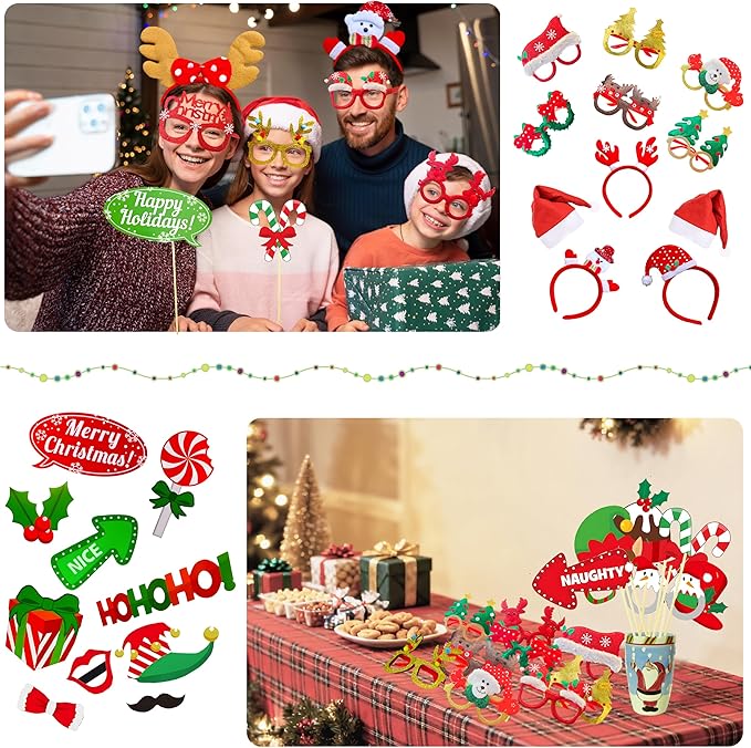 52 Pcs Christmas Photo Booth Props Kit, 20Pcs Glitter Eyeglasses Frame Hats Hairhoop and 32Pcs DIY Selfie Pose Signs for Xmas Party Decoration, Funny Christmas Holiday Party Favor Supplies for Adults