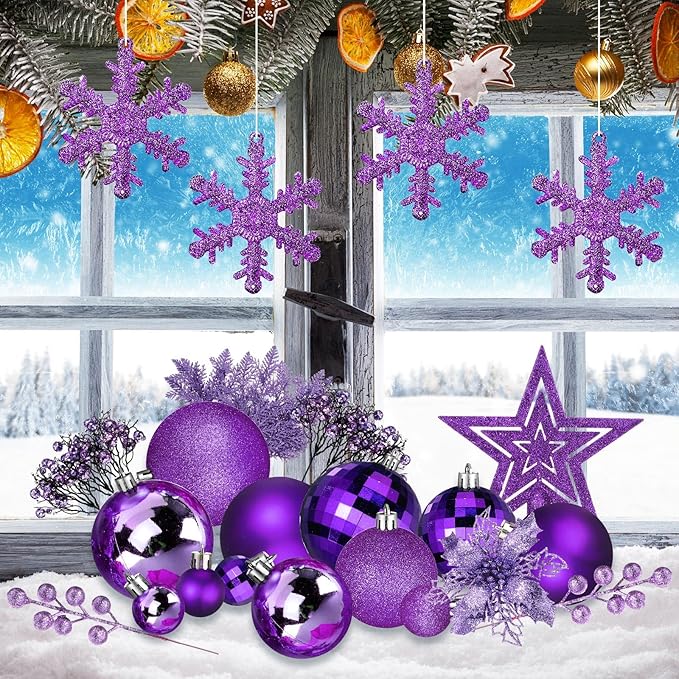 Sratte 94 Pcs Christmas Tree Decorations Set, Christmas Tree Ball Ornaments Glitter Poinsettia Flowers Decorations Glitter Berries Stems for Xmas Holiday Wedding(Purple)