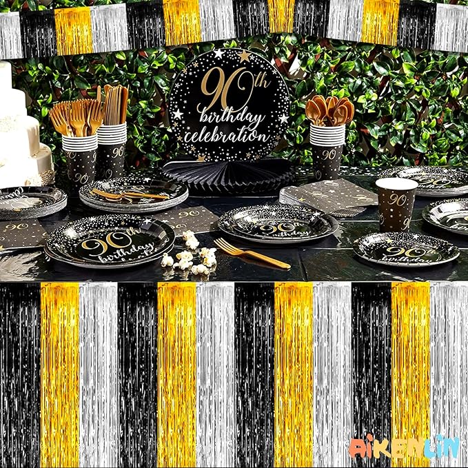 6 Pack 10 Feet Foil Fringe Garland Metallic Tinsel Streamers Banner Wall Hanging Backdrop for Parade Floats Notorious One Birthday Roaring 20s Graduation Party Decorations(Black Gold Silver)