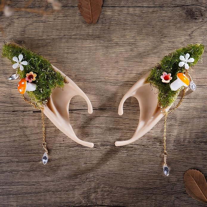 FRESHME Forest Mushroom Elf Ears, Soft Fairy Ears with Mushroom Moss and Flower Elven Ear Cuffs Halloween Renaissance Cosplay