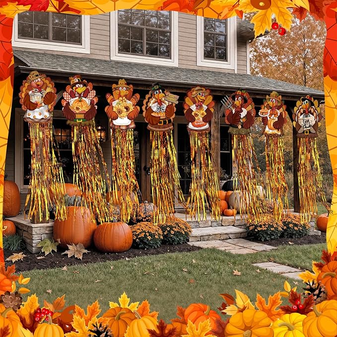8 Pcs Fall Thanksgiving Turkey Outdoor Hanging Decorations with Tassels Harvest Yard Decoration Windsocks for Outside 3.3ft Signs for Wall Tree Home Lawn Yard Party Supplies Garden Decor