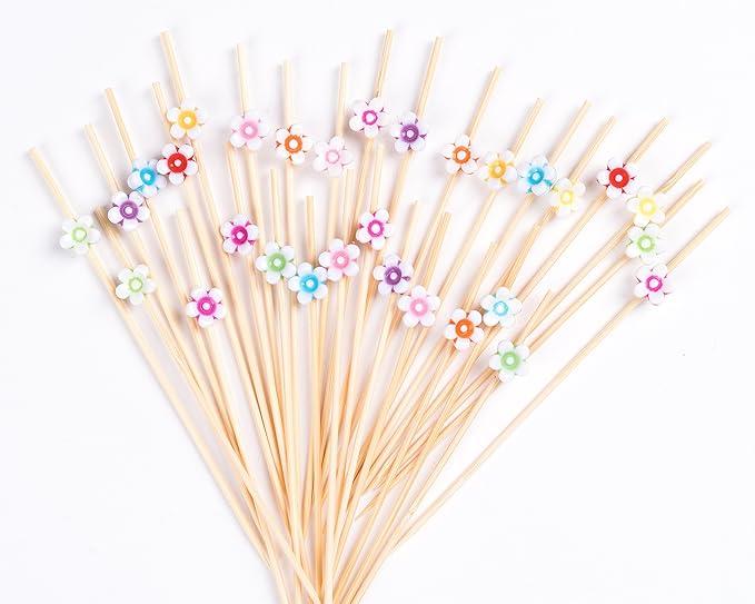 PuTwo Cocktail Picks Handmade Bamboo Toothpicks 100pcs 4.7” in Multicolor Flower