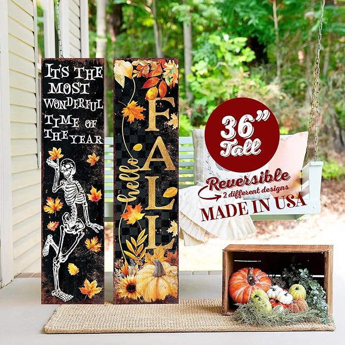 36in Fall Halloween Porch Sign - Vintage Autumn Decoration - Rustic Modern Farmhouse Entryway Decor - Reversible Design