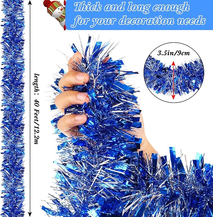 Dilunave 40 Feet Christmas Tinsel Garland Metallic Foil Twist Tinsel Garland Decoration for Christmas Tree, Wedding, Birthday and Party Hanging Decorations(Silver, Light Blue)