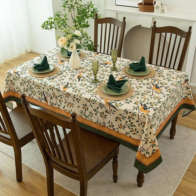 French Tablecloth Waterproof, Kumquat and Oriole Vintage Style Print – Stain Resistant, Washable Fabric Table Cover for Dining, Kitchen, Party, Vibrant Nature-Inspired Home Decor, W60 x L84