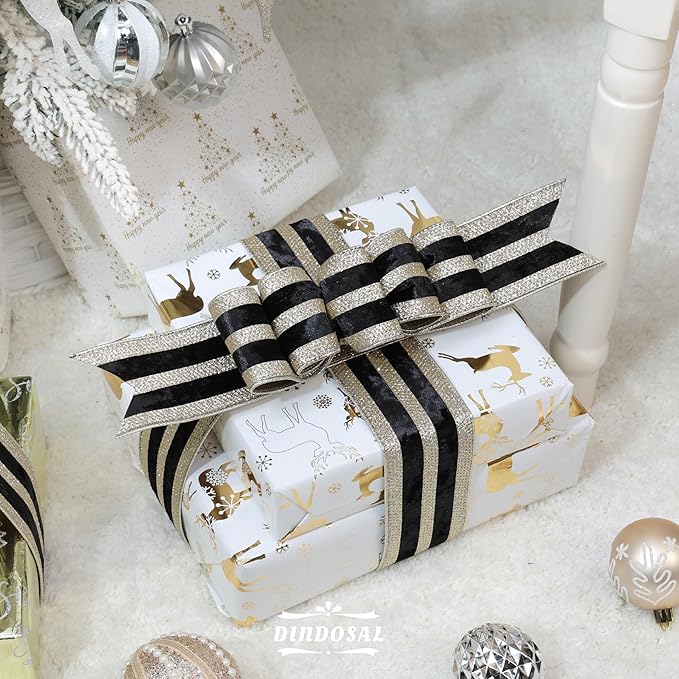 Black Velvet Wired Ribbon with Champagne Glitter Stripe 2.5 Inch Crushed Velvet Christmas Ribbon, 10 Yards for Gift Wrapping, Crafts, Christmas Tree Decorations, Wreath Supplies, Garlands