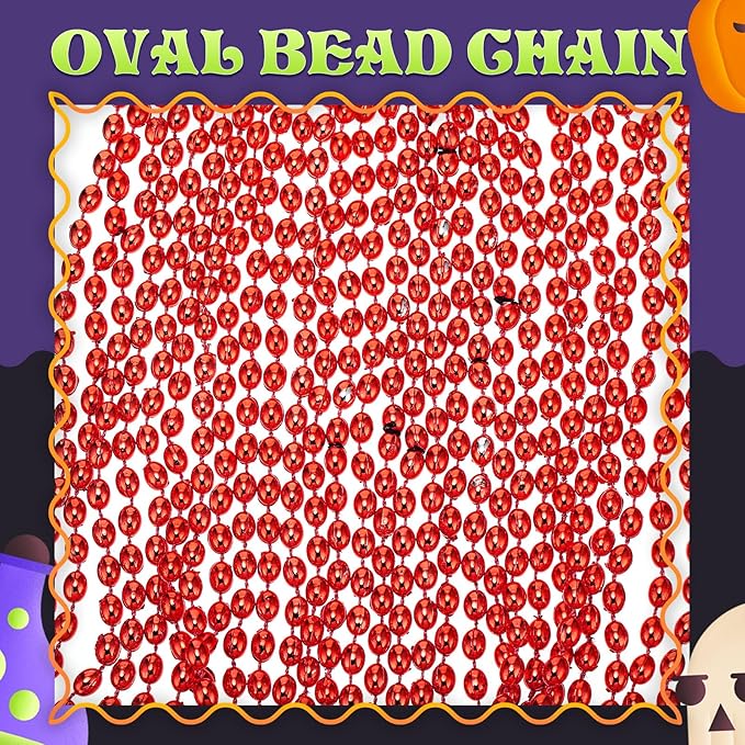 Riceshoot 200 Pcs Red Bead Necklace Bulk Mardi Gras Oval Beads Necklace Party Favors 33" 7mm Metallic Color Beaded Costume Necklaces for Halloween Christmas Festive Event Accessories