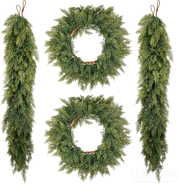 4 Pcs 6ft Real Touch Christmas Cedar Garland - Artificial Soft and Thickness Faux Green Full Cedar Pine Needles Garland for Fireplace Mantel, Table, Doorframe, Indoor Outdoor Xmas Holiday Decorations
