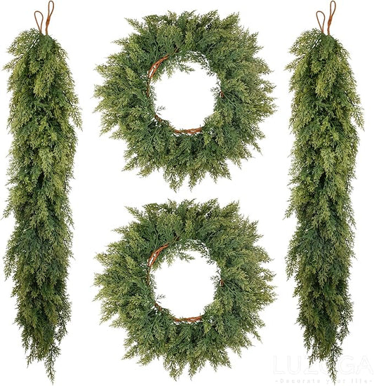 4 Pcs 6ft Real Touch Christmas Cedar Garland - Artificial Soft and Thickness Faux Green Full Cedar Pine Needles Garland for Fireplace Mantel, Table, Doorframe, Indoor Outdoor Xmas Holiday Decorations