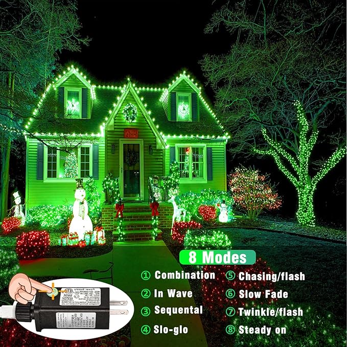 Vivideal 300 LED Green Lights Outdoor, 99ft Green String Lights for Bedroom Clear Wire 8 Modes, Waterproof Plug in Christmas Light with Timer Memory for Room Tree Party Decorations