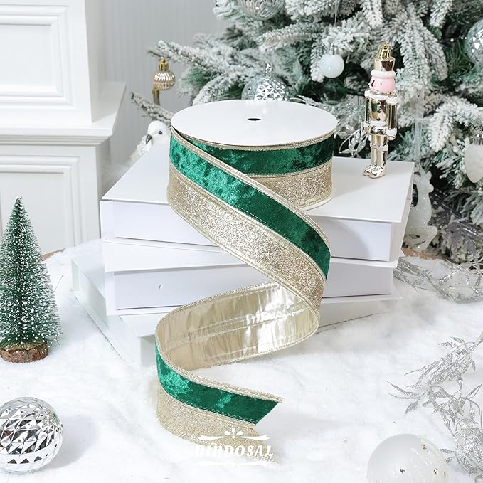 Dark Green Velvet Wired Christmas Ribbon 2.5 Inch Green and Gold Glitter Holiday Ribbon – 10-Yards Roll for Tree Decorations, Gift Wrapping, Wreaths, and DIY Crafts