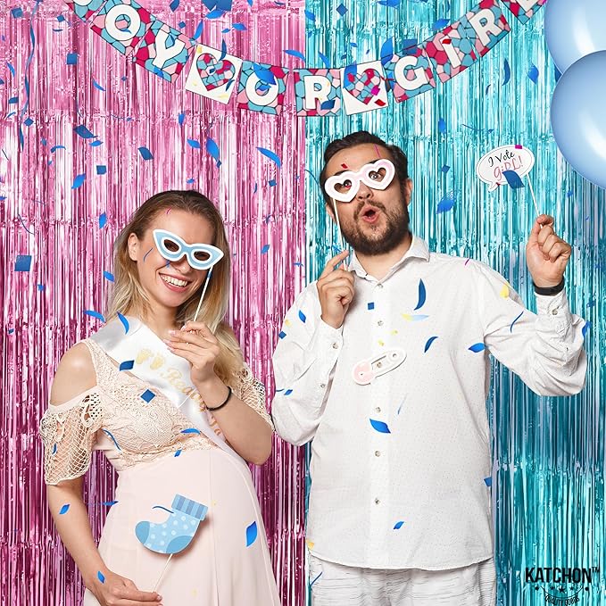 KatchOn, Large Pink and Blue Foil Fringe - 6.4x8 Feet, Pack of 2 | Girl or Boy Gender Reveal Decorations | Pink and Blue Fringe, Boy or Girl Backdrop | Gender Reveal Backdrop for Gender Reveal D√©cor