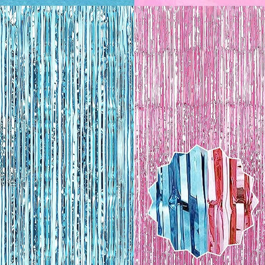 6 Pack Pink Blue Foil Fringe Curtains Backdrop, 3.28 x 8.2 Ft Metallic Streamers Tinsel Curtains Background for Photo Booth, Birthday, Christmas, Halloween, Thanksgiving, New Year Party Decorations