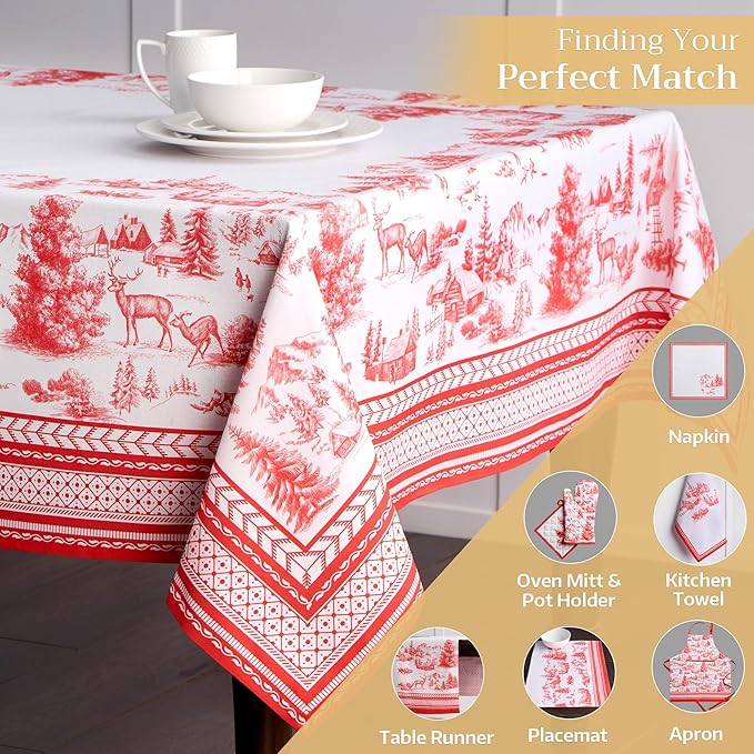 Maison d' Hermine Table Cloth Rectangle Table 100% Cotton 70 x 120 Inches Fall Tablecloth Reusable Everyday Use for Thanksgiving Christmas Decorations Dining Farmhouse Party (Winter Jouy)