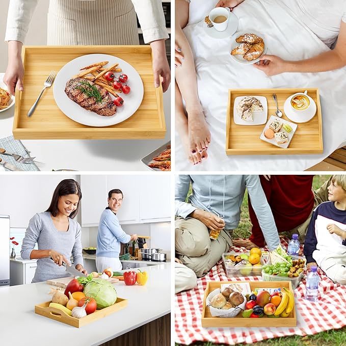 3 Pack Serving Tray with Handles, 3 Sizes Nestable Rectangular Tray Easy Carrying Serving Trays, Durable Bamboo Trays for Serving Food, Party, Kitchen, Organizing, Decorating