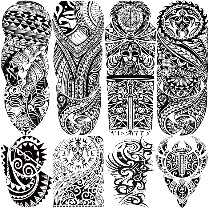 Tribal Totem Temporary Tattoo Sleeve for Men Women, 4-Sheet Full Arm Large Hawaiian Tribal Viking Fake Sleeve Tattoo Adult and 4-Sheet Black Polynesian Turtle Half Temp Tatoo Sticker Thigh Leg Body
