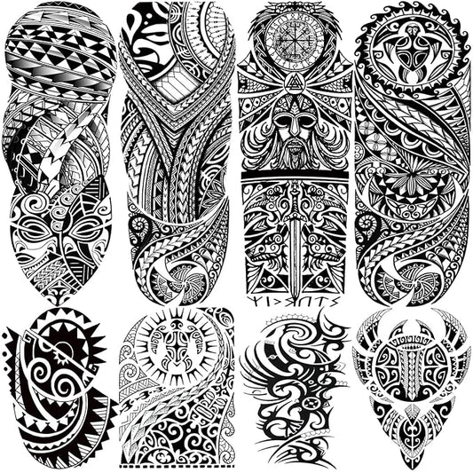 Tribal Totem Temporary Tattoo Sleeve for Men Women, 4-Sheet Full Arm Large Hawaiian Tribal Viking Fake Sleeve Tattoo Adult and 4-Sheet Black Polynesian Turtle Half Temp Tatoo Sticker Thigh Leg Body