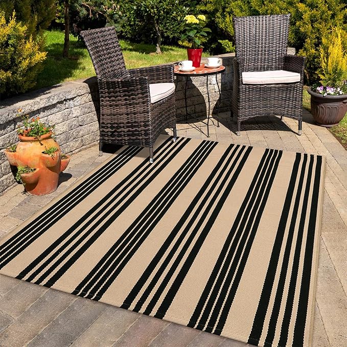 KIMODE Indoor Outdoor Rug 4'x6',Washable Reversible Black and Khaki Striped Rug,Cotton Hand Woven Patio Rug Floor Carpet, Farmhouse Fall Porch Rug Autumn Decor for Outdoor Backyard Living Room