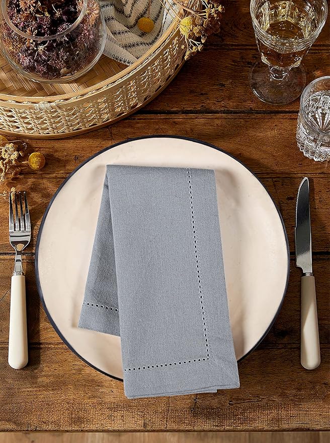 Palisa Cloth Dinner Napkins with Hemstitched Detailing & Mitered Corners Set of 12 (18x18 Inches) Grey - Cotton Reusable Dinner Napkins - Perfect for Weddings & Everyday Use