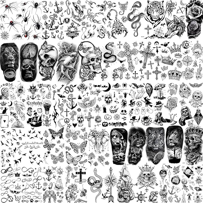 48 Sheets 3D Small Temporary Tattoos For Kids Women Neck Girls Arm Boys, Temp Tiny Halloween Tattoo Stickers Men Spider Cross Scorpion Snake Tiger Lion, Flower Ghost Skull Fake Tatoos Acnhor