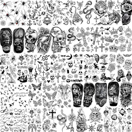 48 Sheets 3D Small Temporary Tattoos For Kids Women Neck Girls Arm Boys, Temp Tiny Halloween Tattoo Stickers Men Spider Cross Scorpion Snake Tiger Lion, Flower Ghost Skull Fake Tatoos Acnhor