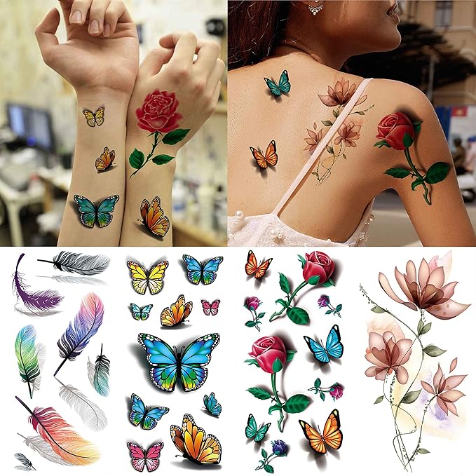 COKTAK 56 Sheets Variety Colorful Rose Flowers Temporary Tattoos For Women, Realistic Feather 3D Butterfly Fake Tattoos Temporary For Girls, Sexy Floral Blossom Branch Arm Neck Face Tatoo Sticker Kit