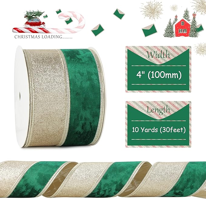 Dark Green Velvet Wired Christmas Ribbon 4 Inch Extra Wide Thick Green and Gold Glitter Holiday Ribbon – 10-Yards Roll for Tree Decorations, Gift Wrapping, Wreaths, and DIY Crafts