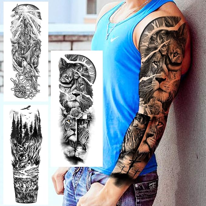 20 Sheets Extra Large Full Arm Temporary Tattoos For Men Adults, Tiger Snake Leopard Lion King Temporary Tattoos Sleeve For Women, Temp Waterproof Fake Tattoo Stickers For Kids Warrior Tatoos