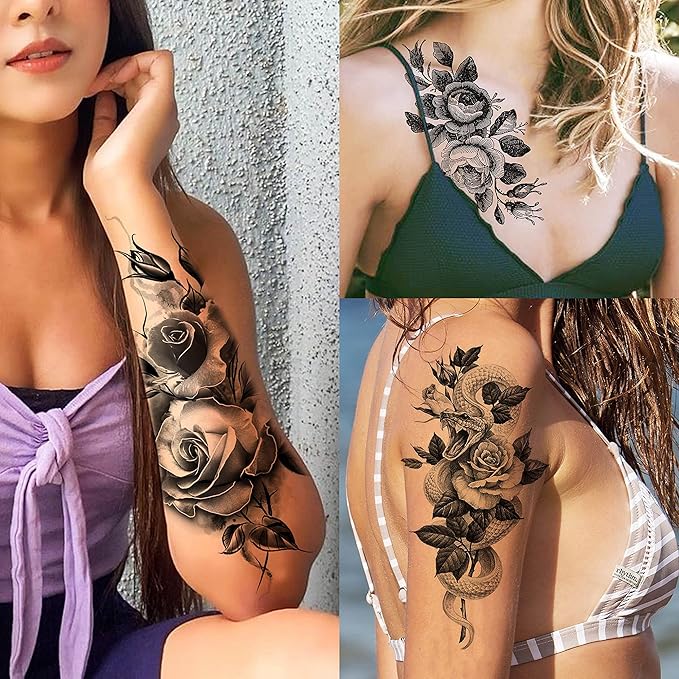 65 Sheets Black Realistic Flower Temporary Tattoos For Women Arm Thigh, 3D Fake Tattoos That Look Real And Last Long, Temp Rose Sketch Moon Snake Peony Floral Tattoo Stickers For Adults Girls
