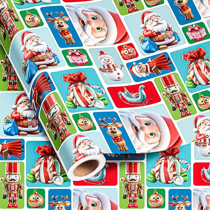 Vnaaem Funny Christmas Wrapping Paper Roll - Xmas Santa Claus, Reindeer, Nutcracker, Snowman Design Gift Wrap for Holiday Party Celebration, DIY Craft - 17 In X 20 Ft(Total 28.5sq.ft)