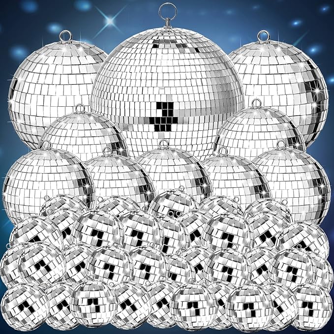 Funtery 100 Pcs Mirror Disco Balls Bulk Assorted Silver Hanging Disco Ball Decor for Home Wedding Birthday Dance Music 70 S Theme Party Christmas Tree Ornaments(0.8'',1.6'',2.4'',3.2'',4'',8'')