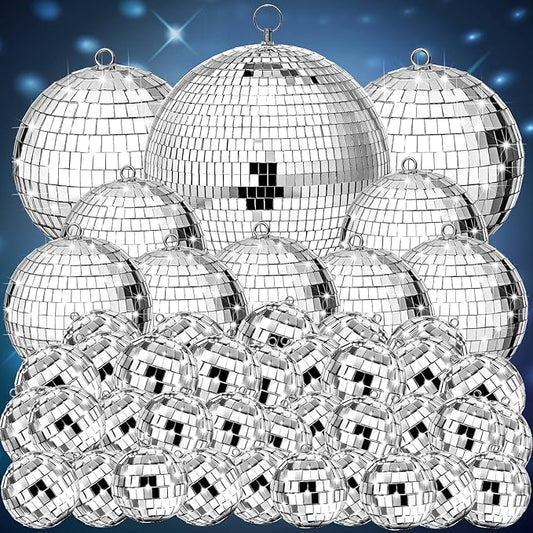 Funtery 100 Pcs Mirror Disco Balls Bulk Assorted Silver Hanging Disco Ball Decor for Home Wedding Birthday Dance Music 70 S Theme Party Christmas Tree Ornaments(0.8'',1.6'',2.4'',3.2'',4'',8'')