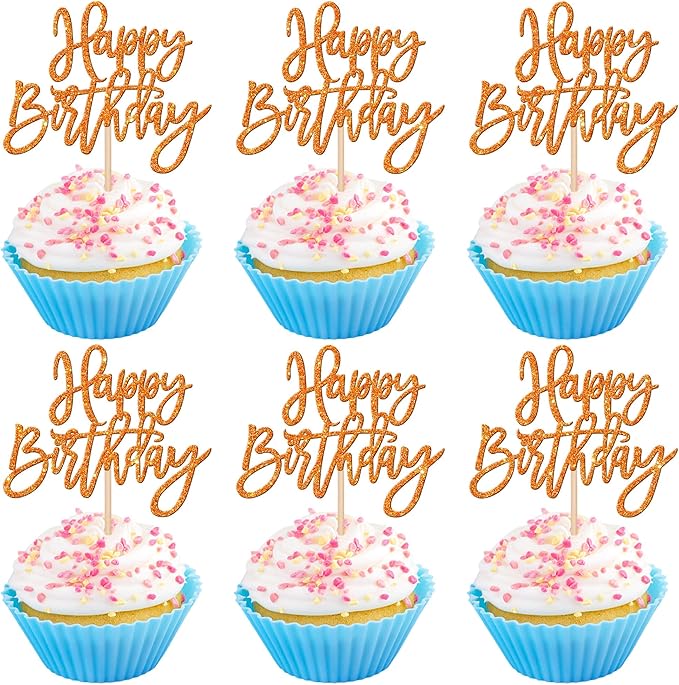 24 PCS Glitter Cupcake Toppers - Happy Birthday & Anniversary Picks - Orange