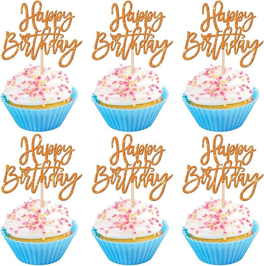 24 PCS Glitter Cupcake Toppers - Happy Birthday & Anniversary Picks - Orange