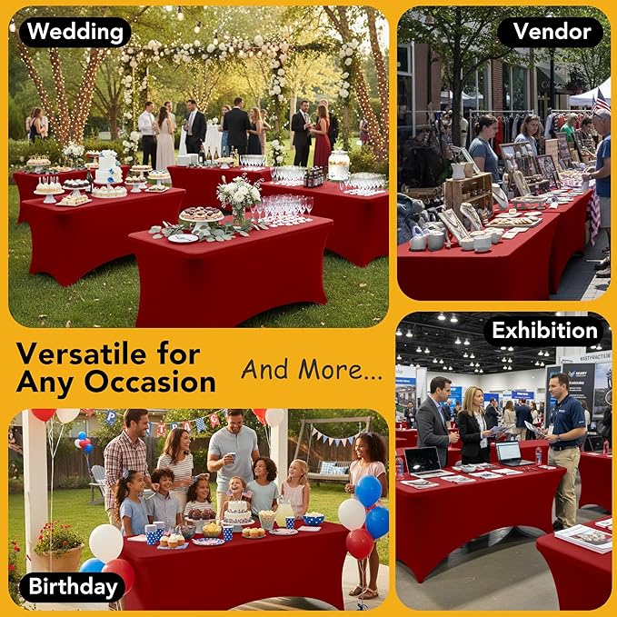 6-Pack Premium Red Spandex Tablecloths for 8ft Rectangle Tables, Stain & Wrinkle-Resistant, Washable Stretch Polyester Fitted Table Cover for Weddings, Banquets, Trade Shows Events